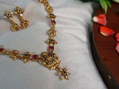 Antique Lakshmi Nakshi Long Necklace Set — Ruby & Emerald with Earrings