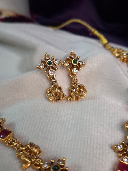 Antique Lakshmi Nakshi Long Necklace Set — Ruby & Emerald with Earrings
