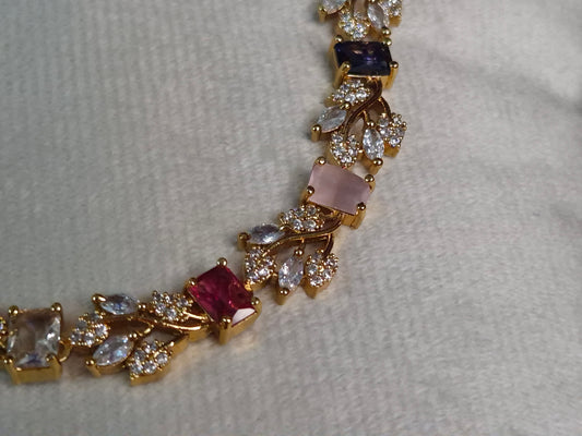 Multicolour AD Leaf Necklace Set — Gold Finish with Earrings