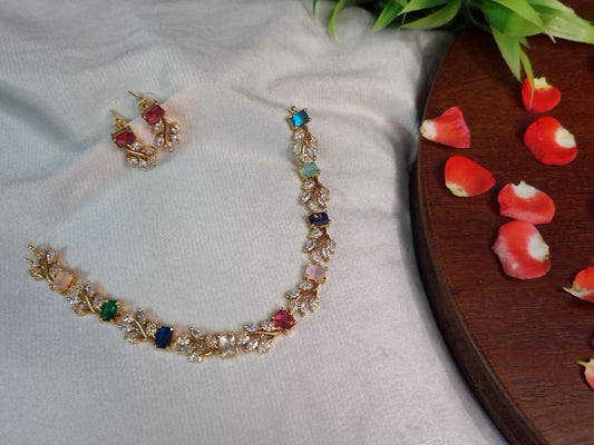 Multicolour AD Leaf Necklace Set — Gold Finish with Earrings