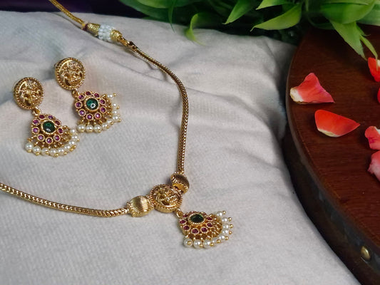 Lakshmi Coin Pearl Drop Attigai — Antique Gold with Earrings