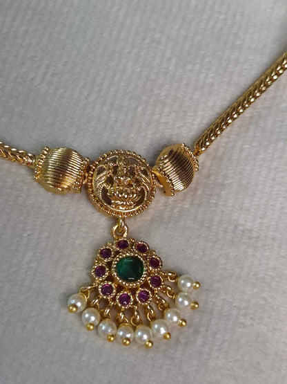 Lakshmi Coin Pearl Drop Attigai — Antique Gold with Earrings