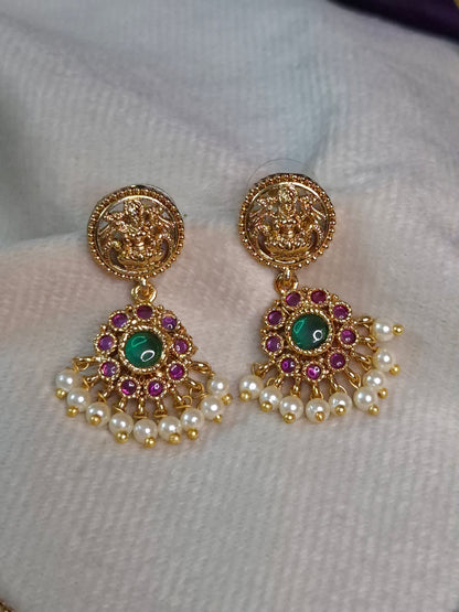 Lakshmi Coin Pearl Drop Attigai — Antique Gold with Earrings