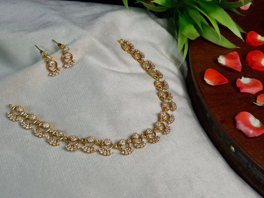 Circular Floral AD Necklace Set — Gold Finish with Earrings