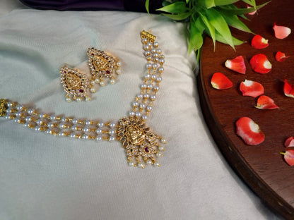 Lakshmi Pearl Choker Necklace Set — Triple Strand with Earrings
