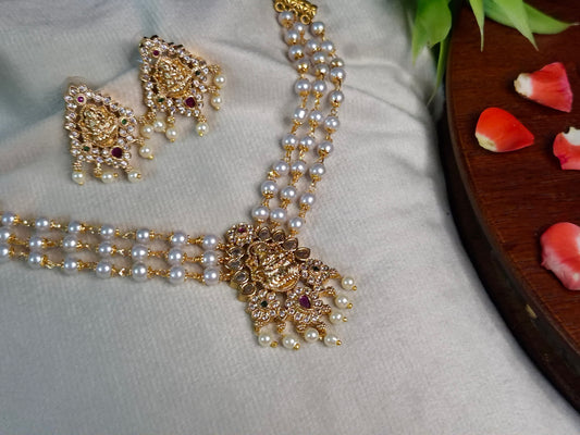 Lakshmi Pearl Choker Necklace Set — Triple Strand with Earrings