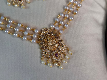 Lakshmi Pearl Choker Necklace Set — Triple Strand with Earrings