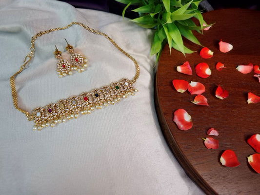 Navratna AD Broad Choker Necklace Set — Gold Chain with Earrings