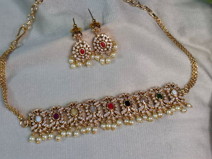 Navratna AD Broad Choker Necklace Set — Gold Chain with Earrings