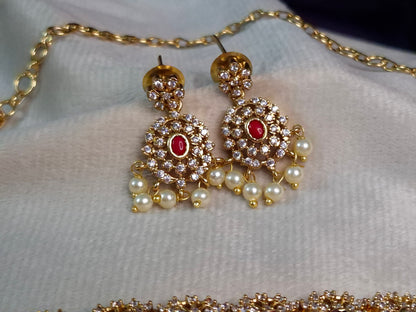 Navratna AD Broad Choker Necklace Set — Gold Chain with Earrings