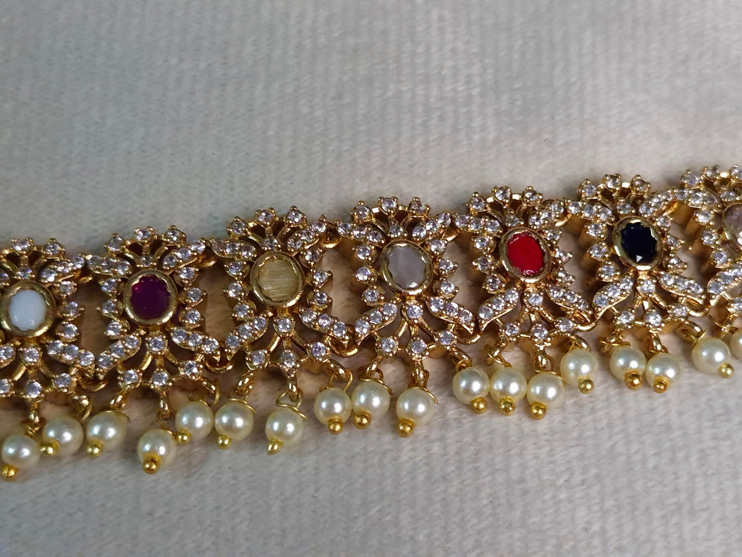 Navratna AD Broad Choker Necklace Set — Gold Chain with Earrings