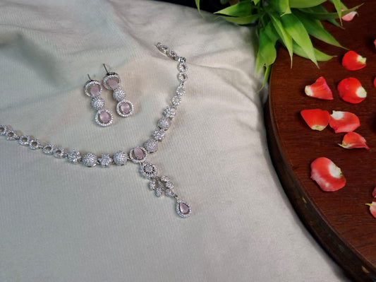 Pink Blush AD Necklace Set — Silver CZ Floral Pendant with Triple-Drop Earrings