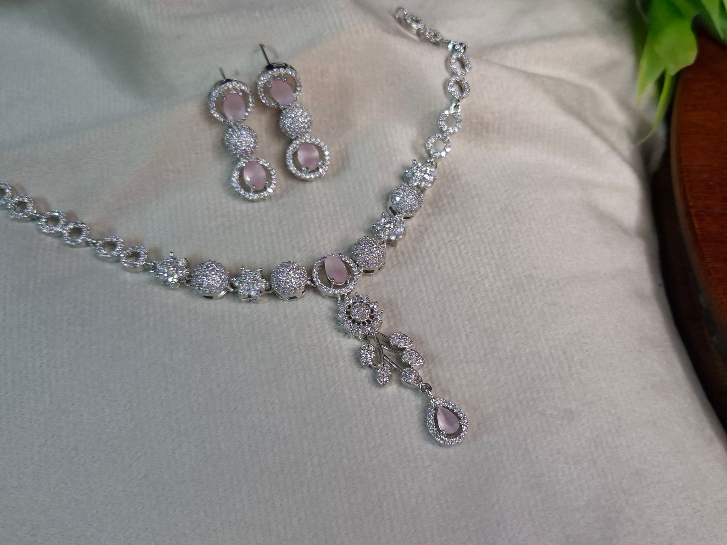 Pink Blush AD Necklace Set — Silver CZ Floral Pendant with Triple-Drop Earrings
