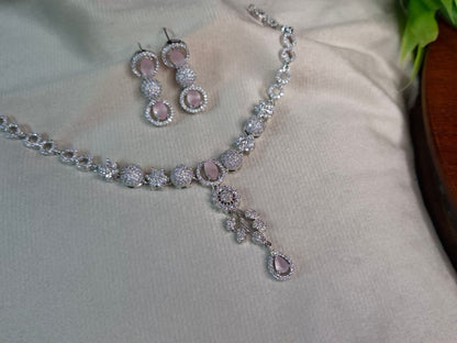 Pink Blush AD Necklace Set — Silver CZ Floral Pendant with Triple-Drop Earrings