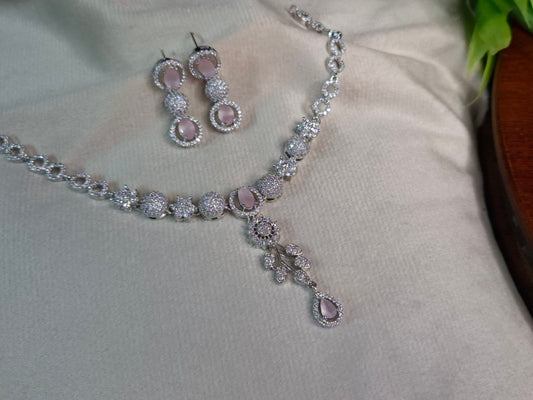 Pink Blush AD Necklace Set — Silver CZ Floral Pendant with Triple-Drop Earrings