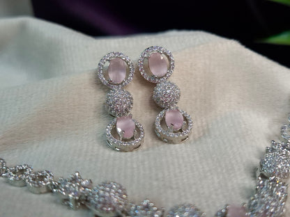 Pink Blush AD Necklace Set — Silver CZ Floral Pendant with Triple-Drop Earrings