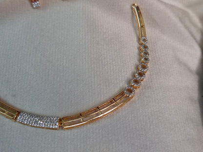 Rose Gold AD Hasli Necklace Set — CZ Bar Link Chain with Circular Stud Earrings
