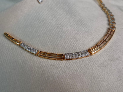 Rose Gold AD Hasli Necklace Set — CZ Bar Link Chain with Circular Stud Earrings