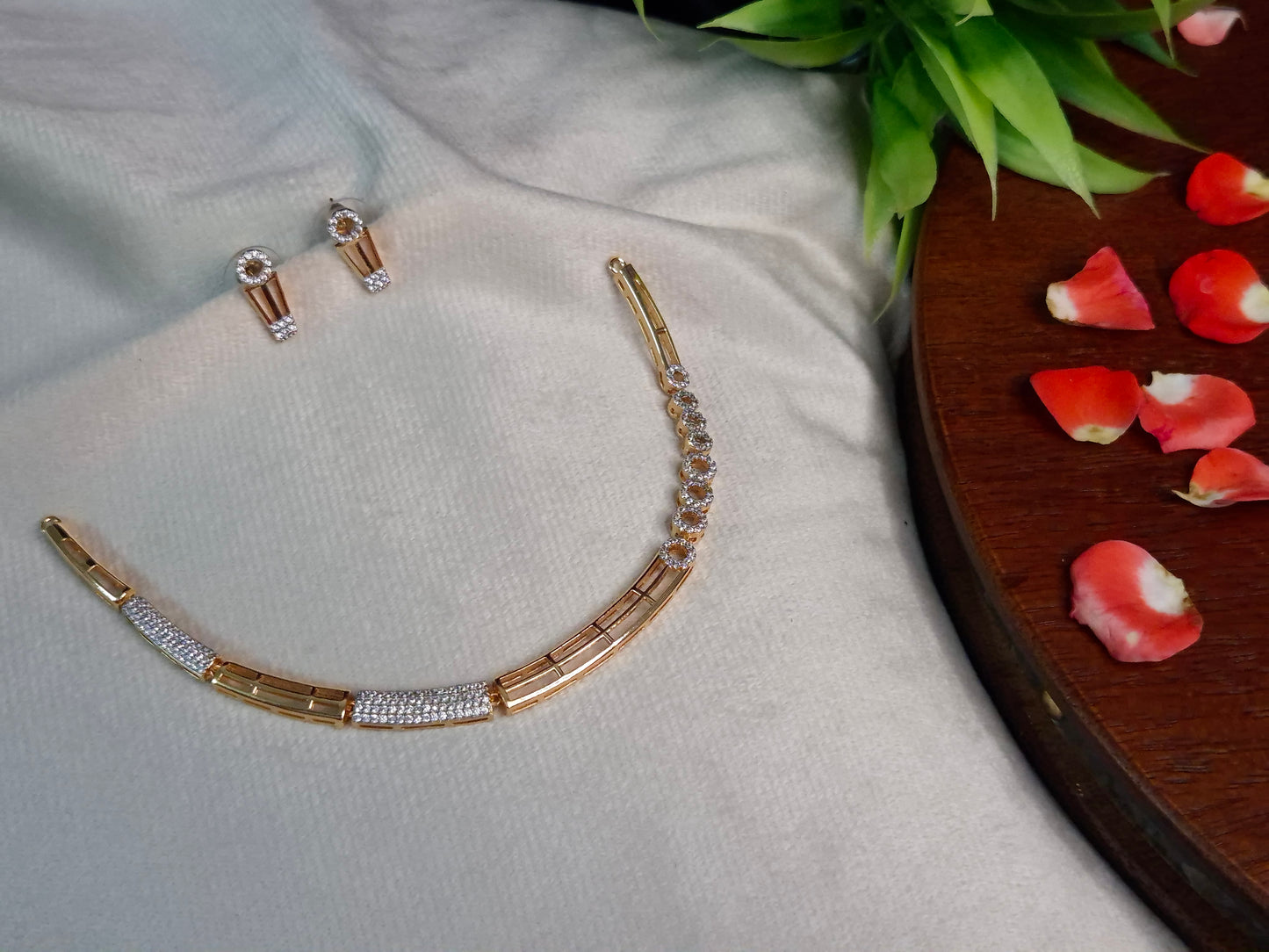 Rose Gold AD Hasli Necklace Set — CZ Bar Link Chain with Circular Stud Earrings