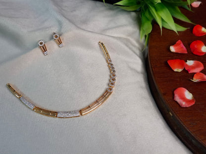 Rose Gold AD Hasli Necklace Set — CZ Bar Link Chain with Circular Stud Earrings