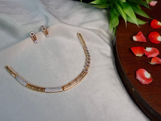 Rose Gold AD Hasli Necklace Set — CZ Bar Link Chain with Circular Stud Earrings