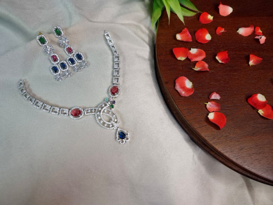 Multicolour AD Necklace Set — Silver CZ Square Link Chain with Ruby, Emerald & Sapphire Pendant and Drop Earrings