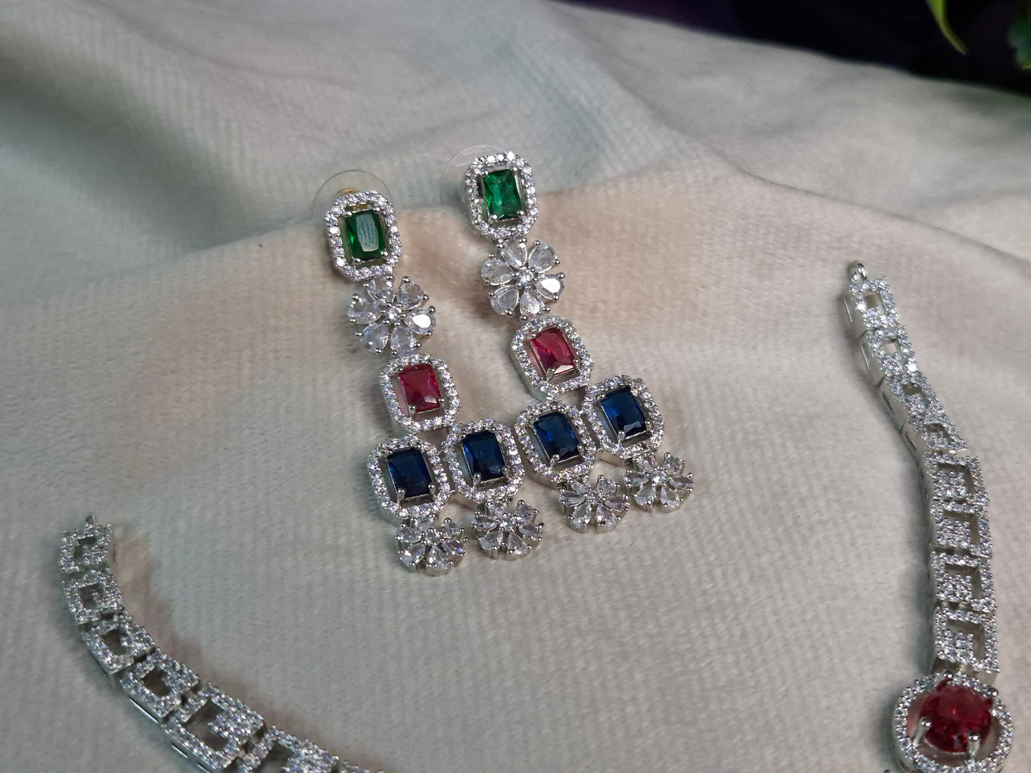 Multicolour AD Necklace Set — Silver CZ Square Link Chain with Ruby, Emerald & Sapphire Pendant and Drop Earrings