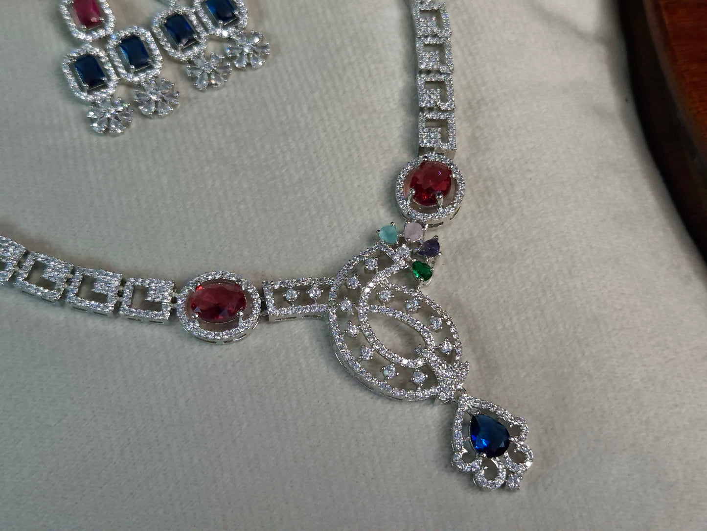 Multicolour AD Necklace Set — Silver CZ Square Link Chain with Ruby, Emerald & Sapphire Pendant and Drop Earrings