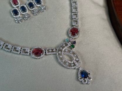 Multicolour AD Necklace Set — Silver CZ Square Link Chain with Ruby, Emerald & Sapphire Pendant and Drop Earrings