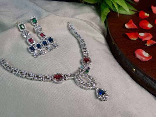 Multicolour AD Necklace Set — Silver CZ Square Link Chain with Ruby, Emerald & Sapphire Pendant and Drop Earrings