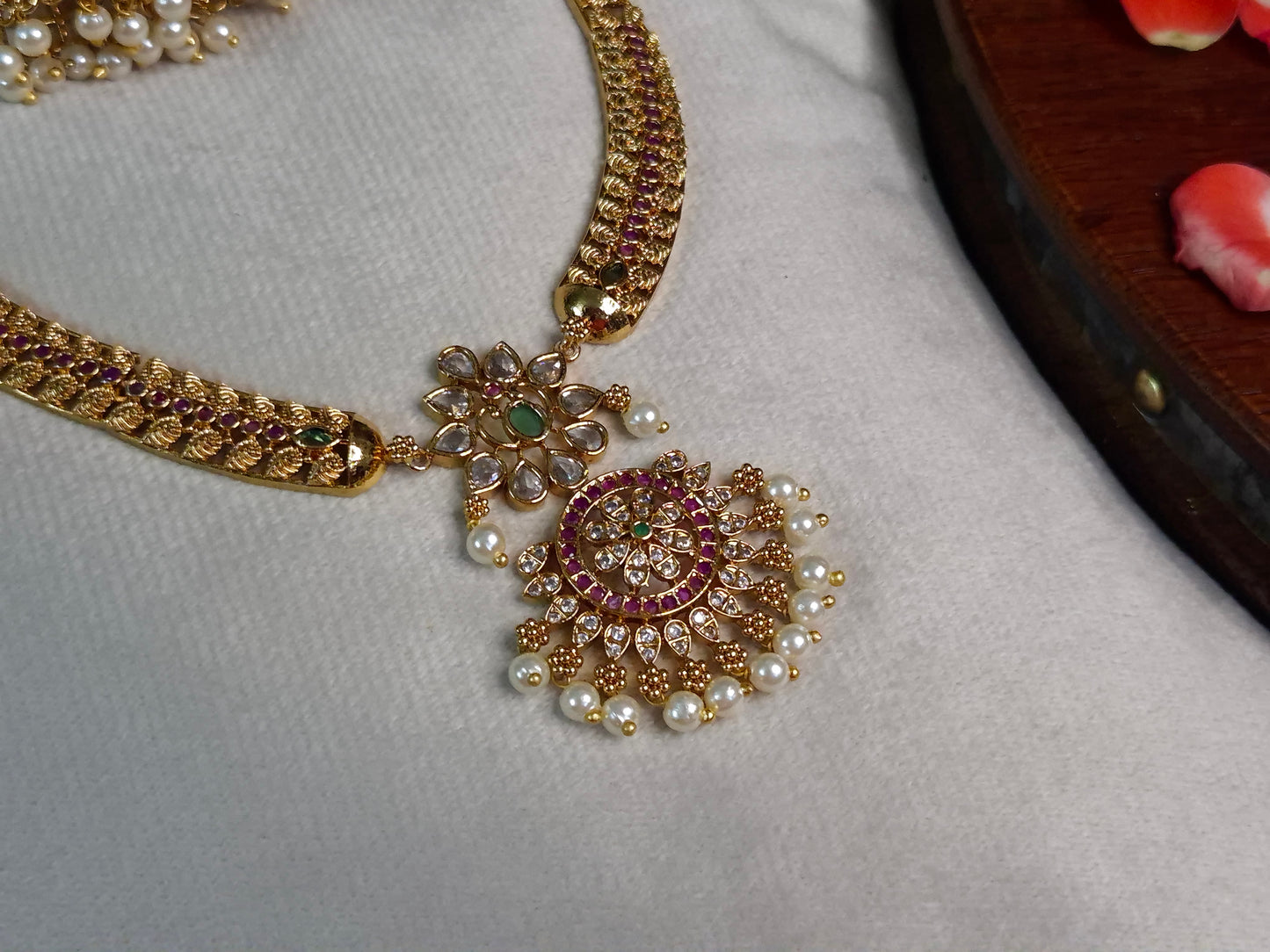 Floral Hasli Necklace Set — Antique Gold Floral Pendant with Jhumka Earrings
