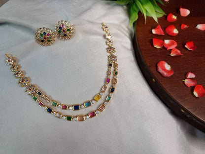 Navratna Double Layer Necklace Set — Gold Tone Rectangle Stone Chain with Kundan Stud Earrings