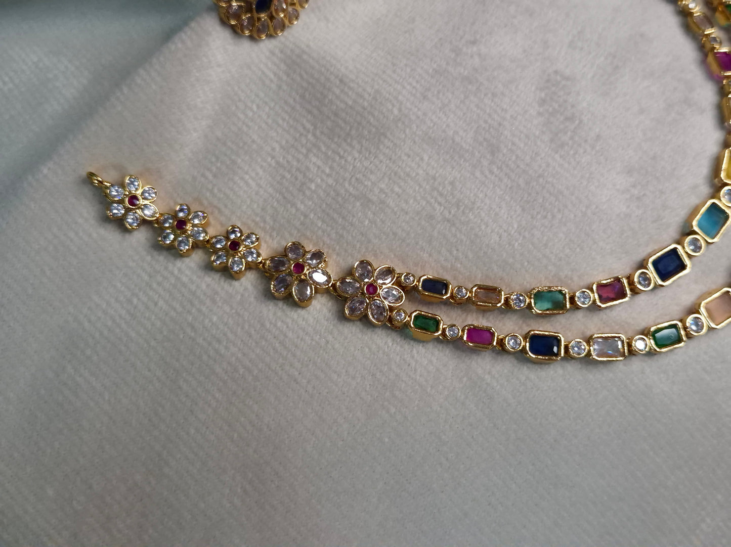 Navratna Double Layer Necklace Set — Gold Tone Rectangle Stone Chain with Kundan Stud Earrings