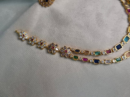 Navratna Double Layer Necklace Set — Gold Tone Rectangle Stone Chain with Kundan Stud Earrings