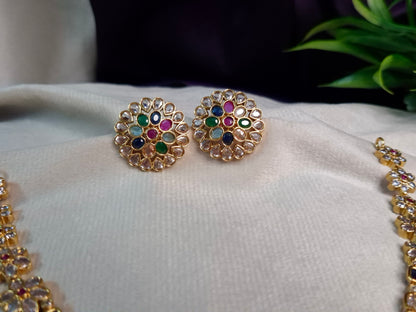Navratna Double Layer Necklace Set — Gold Tone Rectangle Stone Chain with Kundan Stud Earrings