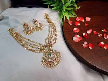 Bridal Peacock Bahubali Necklace Set — Antique Gold 5-Layer Ball Chain with Grand AD & Emerald Pendant and Chandbali Earrings