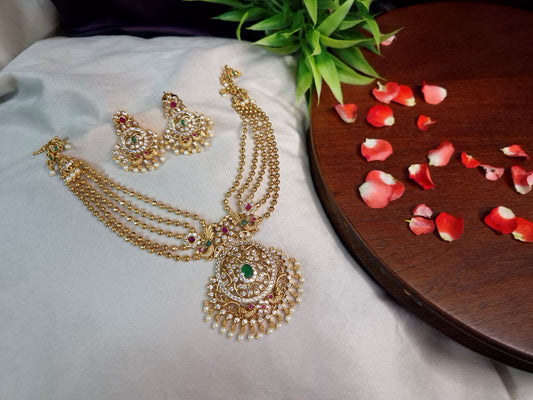 Bridal Peacock Bahubali Necklace Set — Antique Gold 5-Layer Ball Chain with Grand AD & Emerald Pendant and Chandbali Earrings