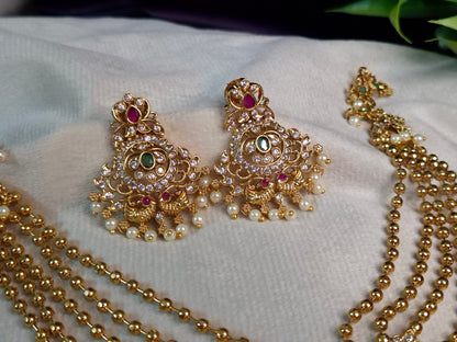 Bridal Peacock Bahubali Necklace Set — Antique Gold 5-Layer Ball Chain with Grand AD & Emerald Pendant and Chandbali Earrings