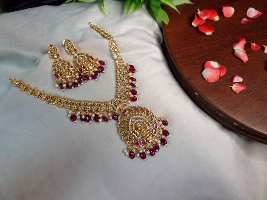 Lakshmi Temple Necklace Set — Antique Gold Ruby & Pearl Drop Chain with Grand Pendant and Chandbali Earrings
