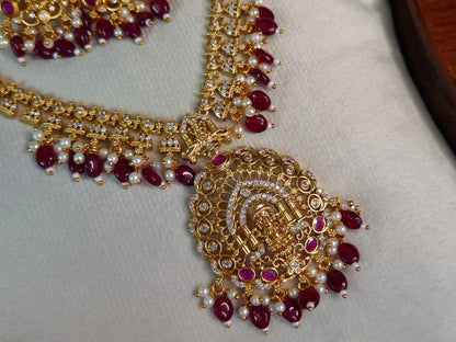 Lakshmi Temple Necklace Set — Antique Gold Ruby & Pearl Drop Chain with Grand Pendant and Chandbali Earrings