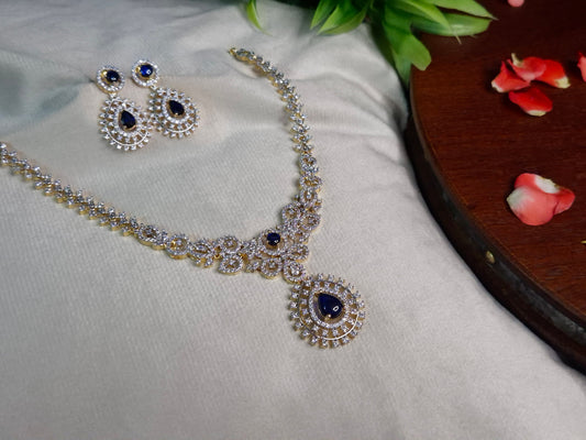 Royal Sapphire AD Necklace Set — Gold Tone CZ Floral Chain with Teardrop Pendant & Chandbali Earrings