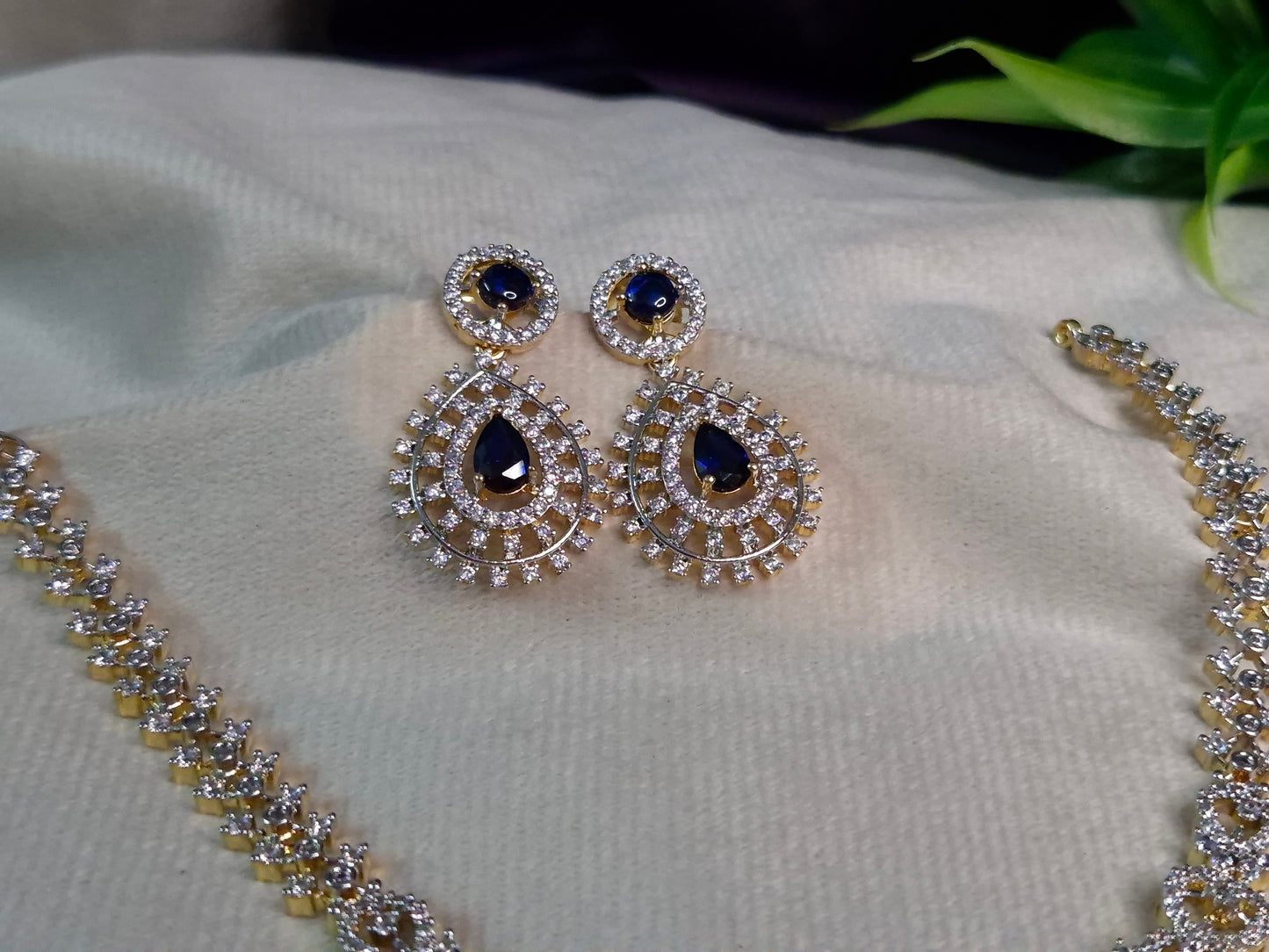 Royal Sapphire AD Necklace Set — Gold Tone CZ Floral Chain with Teardrop Pendant & Chandbali Earrings