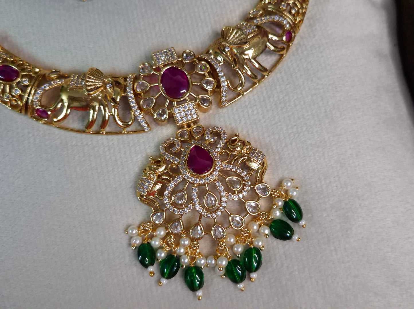 Bridal Elephant Hasli Necklace Set — Antique Gold Filigree hasli with Ruby & Emerald Drop Chandbali Earrings