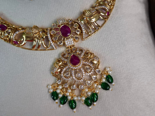 Bridal Elephant Hasli Necklace Set — Antique Gold Filigree hasli with Ruby & Emerald Drop Chandbali Earrings