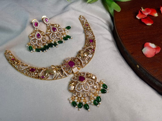 Bridal Elephant Hasli Necklace Set — Antique Gold Filigree hasli with Ruby & Emerald Drop Chandbali Earrings
