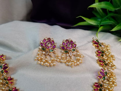 Peacock Guttapusalu Necklace Set — Antique Gold Ruby & Emerald Lotus Chain with Pearl Drops & Stud Earrings