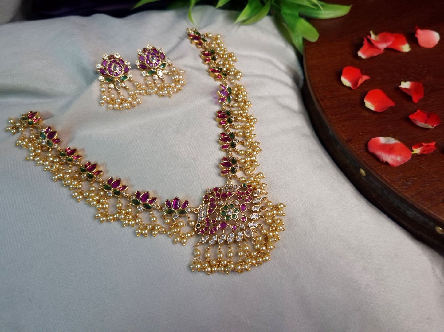 Peacock Guttapusalu Necklace Set — Antique Gold Ruby & Emerald Lotus Chain with Pearl Drops & Stud Earrings