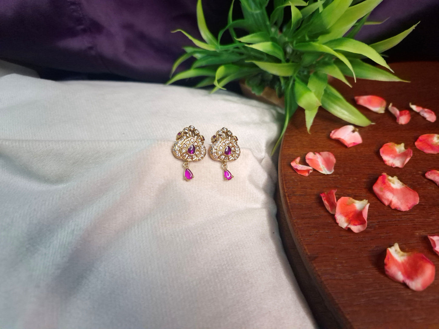Antique Gold Peacock Stud Earrings — AD & Ruby Stone with Teardrop Dangle