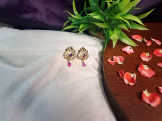 Antique Gold Peacock Stud Earrings — AD & Ruby Stone with Teardrop Dangle