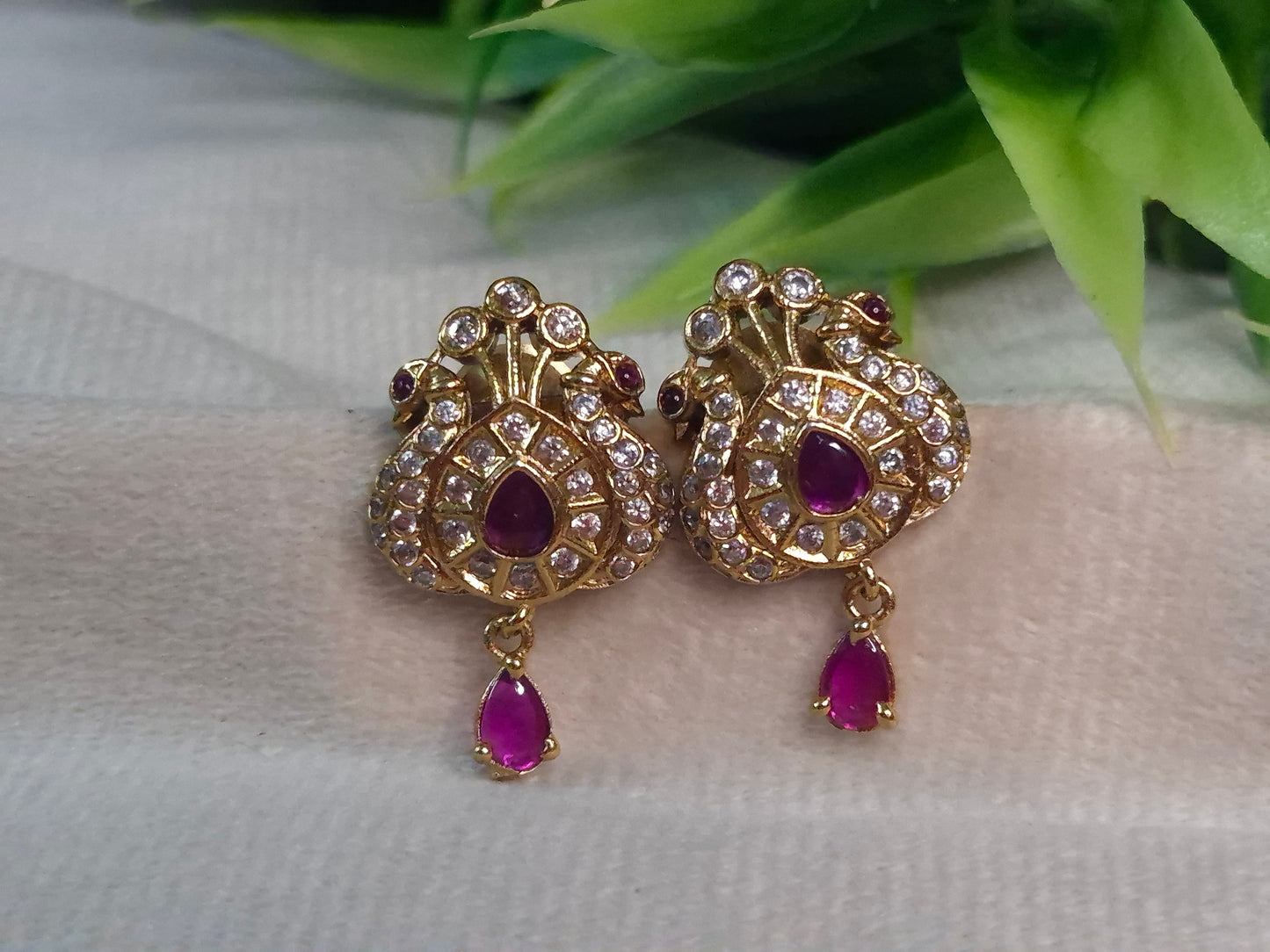 Antique Gold Peacock Stud Earrings — AD & Ruby Stone with Teardrop Dangle